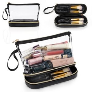 Small Makeup Bag, 2 Layers Travel Makeup Bag with Makeup Brush Holder