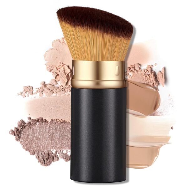 Retractable Kabuki Travel Makeup Brush, All-in-One Face Brush with Protective Cap, Ultra-Soft Dense Bristles for Powder, Blush, Foundation, Flawless On-the-Go Application(Rose Gold)
